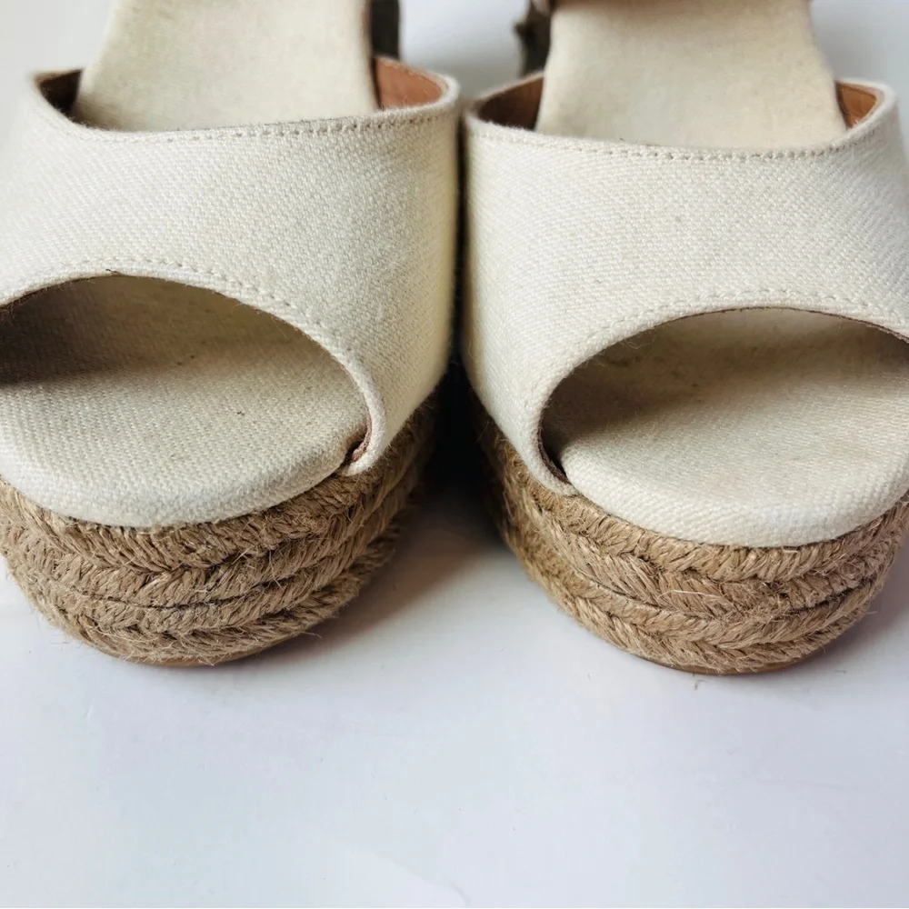 Tory Burch Kate Cream and Tan Woven Espadrille Wedge Platform Sandals